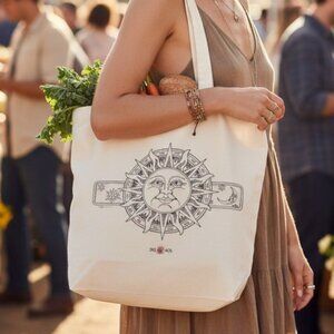 Del Sol Celestial Sun Moon Canvas Tote Bag Boho Astrology Cotton Market Bag